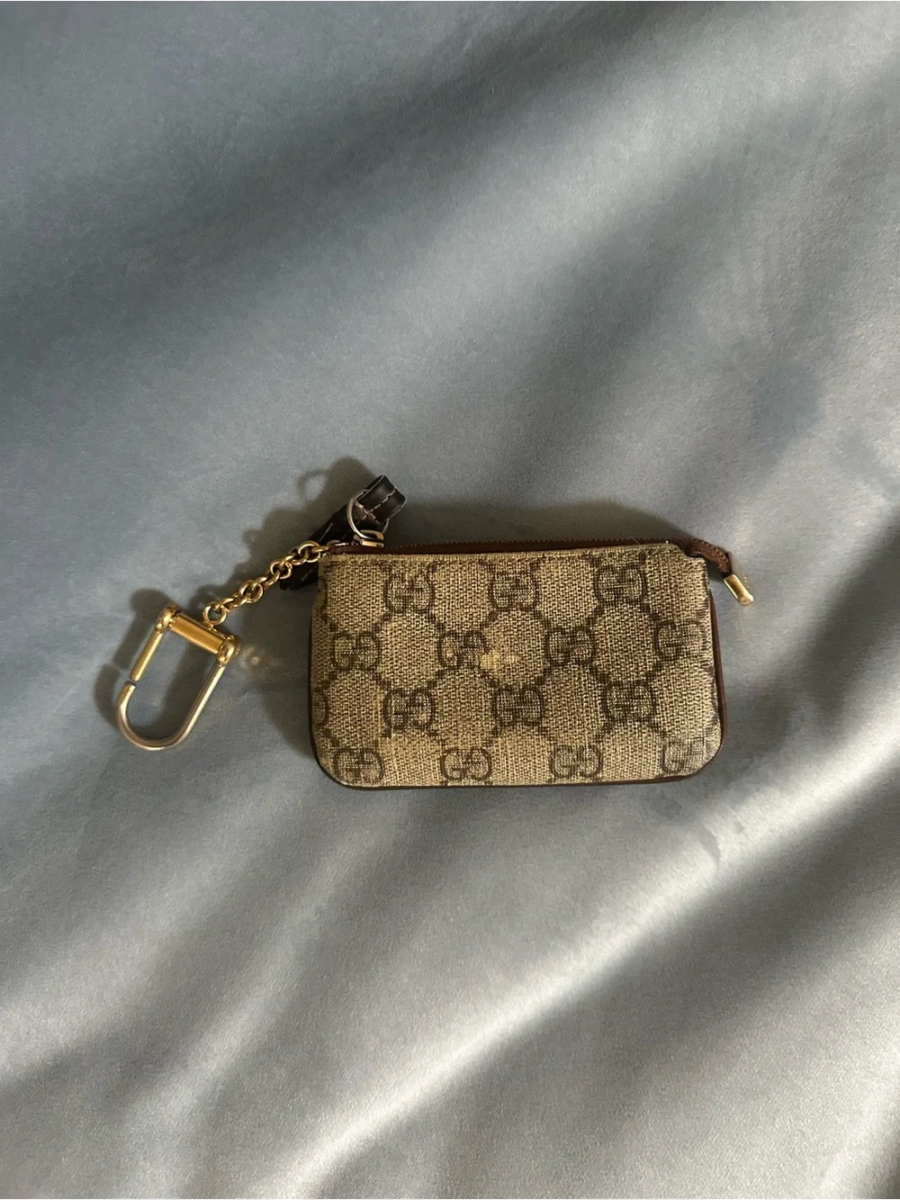 Gucci Beige/Brown GG Supreme Key Pouch with Gold Chain